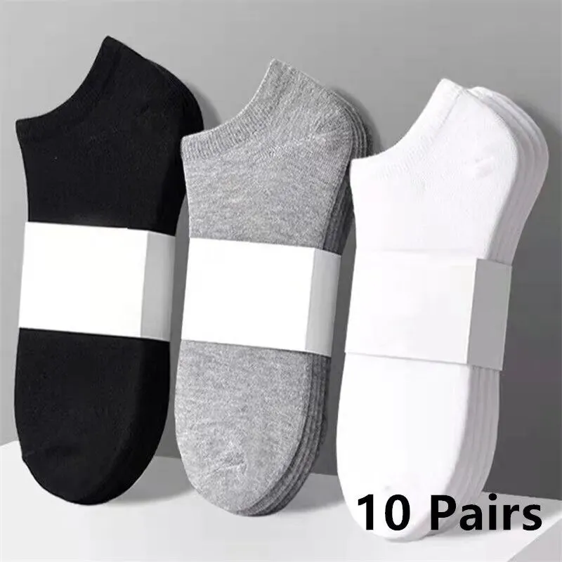 10 Pairs Mens Polyester Boat Socks Black White Grey Soft Breathable Business Style for Summer