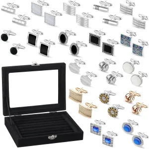 18 Pairs Cuff Links with Display Jewelry Case Men's Tuxedo Cuff Links Classic with Jewelry Gift Box Holder Box for Wedding Party Business Gift