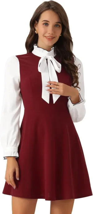 Allegra K Tie Neck Dresses for Women's 1960s Vintage Long Sleeve Contrast Color Dress