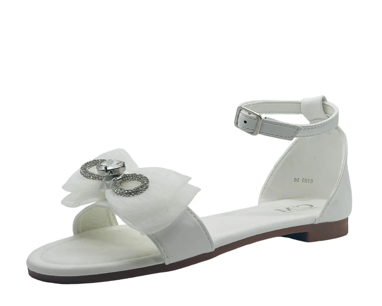 Ankle Strap Flat Rhinestone Mesh Bow Sandals