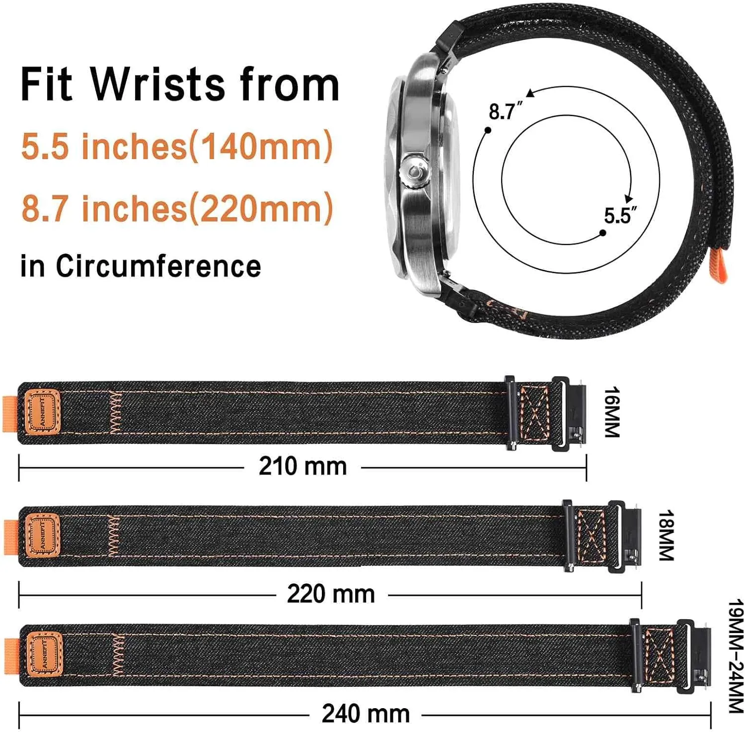 ANNEFIT Watch Band, Denim Fabric Quick Release Watch Strap for Men Women, 16mm 18mm 19mm 20mm 21mm 22mm 24mm