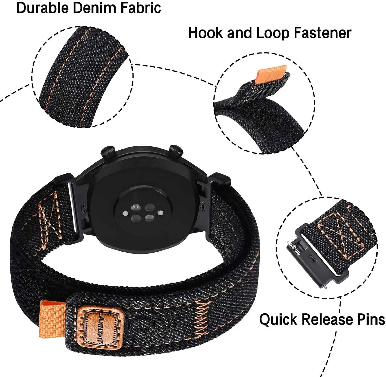 ANNEFIT Watch Band, Denim Fabric Quick Release Watch Strap for Men Women, 16mm 18mm 19mm 20mm 21mm 22mm 24mm