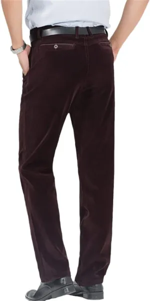 Autumn Elastic Corduroy Pants, Men Business Midlife Pants, Stylish Jogger Wine Red Trousers