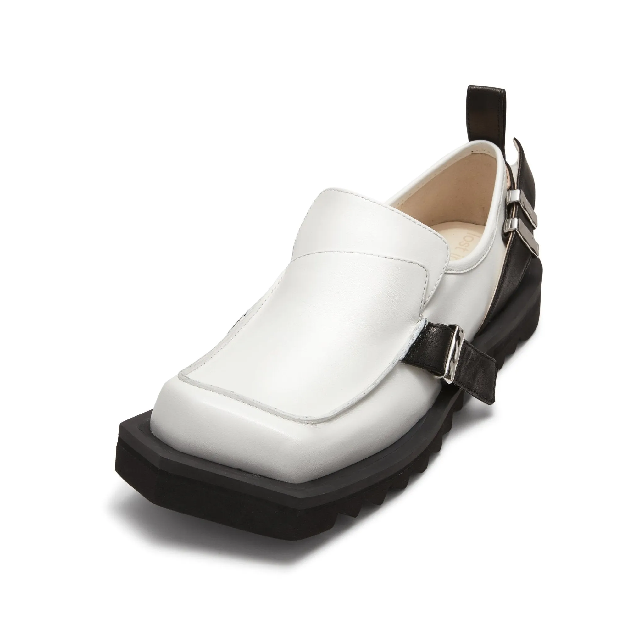 Bevel Head Gear Bottom Buckle Loafers in White