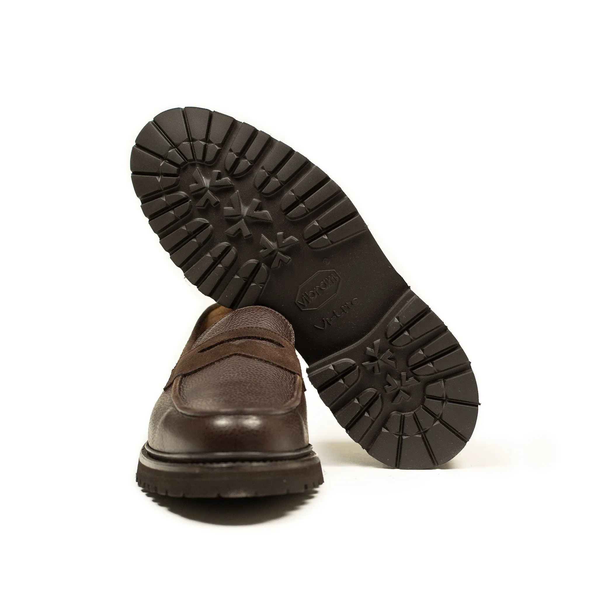 Chicago lugged penny loafer in two tone brown suede and Scotch grain calf (restock)