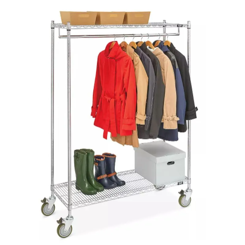 Clothing Rack Single Bar 48"L x 18"W x 69"H w/ 2 Wire Shelves, 150 lbs Weight Capacity