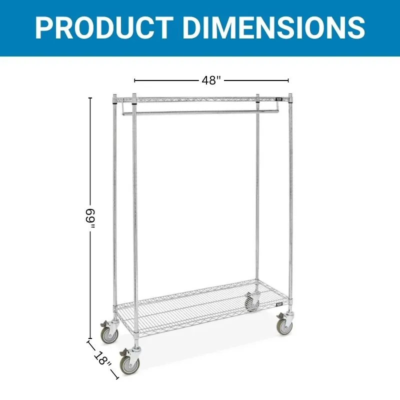 Clothing Rack Single Bar 48"L x 18"W x 69"H w/ 2 Wire Shelves, 150 lbs Weight Capacity