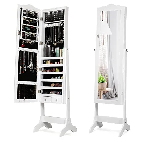 COSTWAY 14 LED Jewelry Armoire Cabinet, Freestanding Jewelry Storage Organizer with Full Length Mirror and 4 Tilting Angles, Lockable Jewelry Cabinet with Key for Bedroom, Living Room (White)
