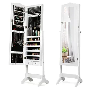 COSTWAY 14 LED Jewelry Armoire Cabinet, Freestanding Jewelry Storage Organizer with Full Length Mirror and 4 Tilting Angles, Lockable Jewelry Cabinet with Key for Bedroom, Living Room (White)