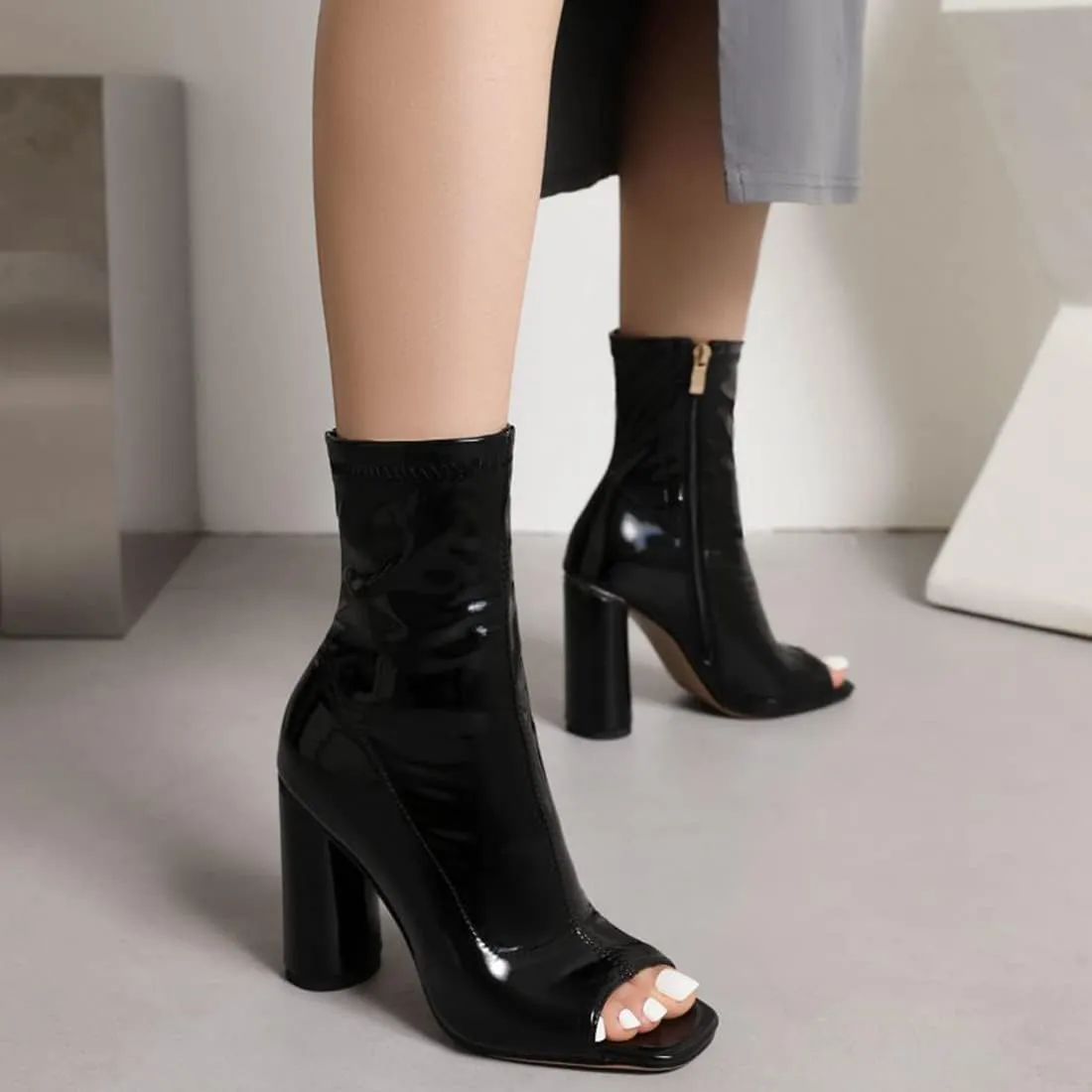 Cozivwaiy Women Fashion Peep Toe Ankle Boots High Heel Autumn Shoes Zipper Stretchy Boots Ankle High Party Shoes Size 2-11.5