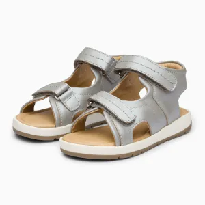 Double Strap Kids Leather Sandals - Silver Grey