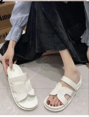 Double Strap Slide Sandals -White