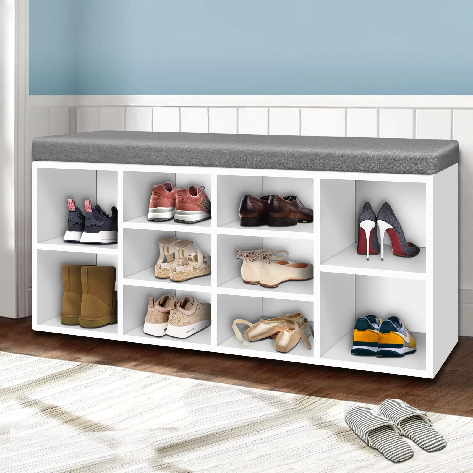Fabric Shoe Bench with Storage Cubes White