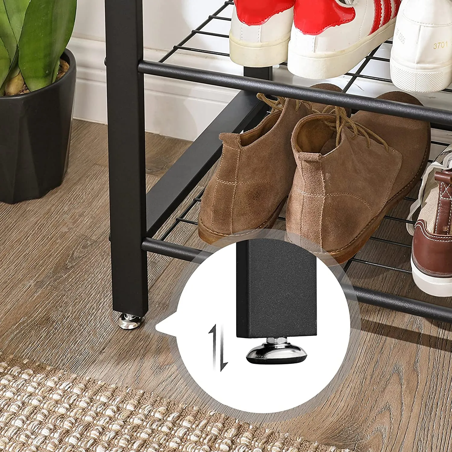 Freestanding Coat Rack Stand, Steel, Greige & Black, with Removable Hooks, Bench & Shoe Rack, Height 183cm