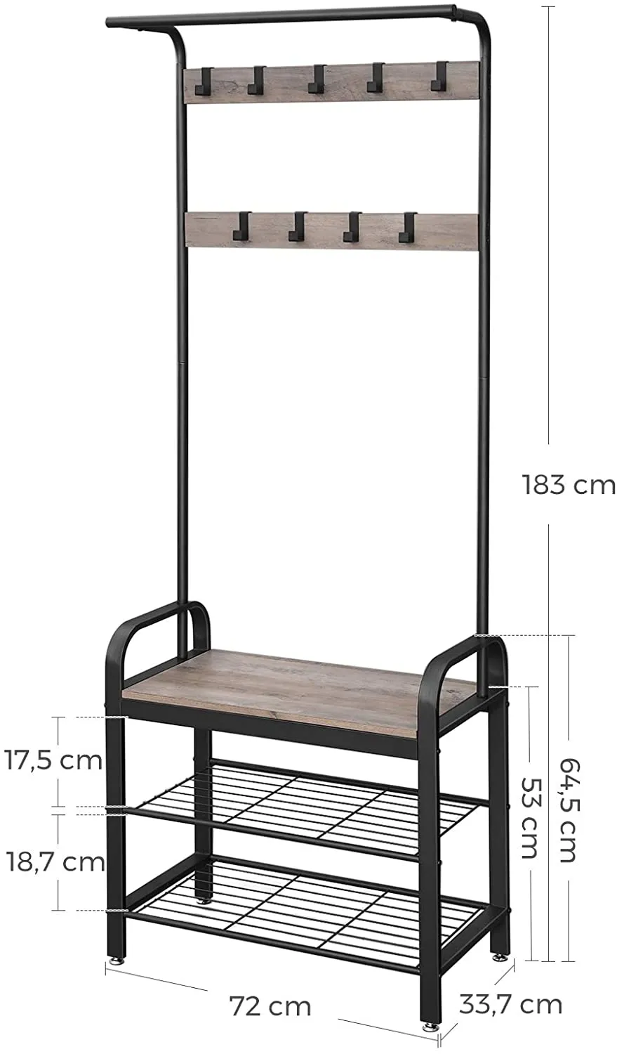 Freestanding Coat Rack Stand, Steel, Greige & Black, with Removable Hooks, Bench & Shoe Rack, Height 183cm