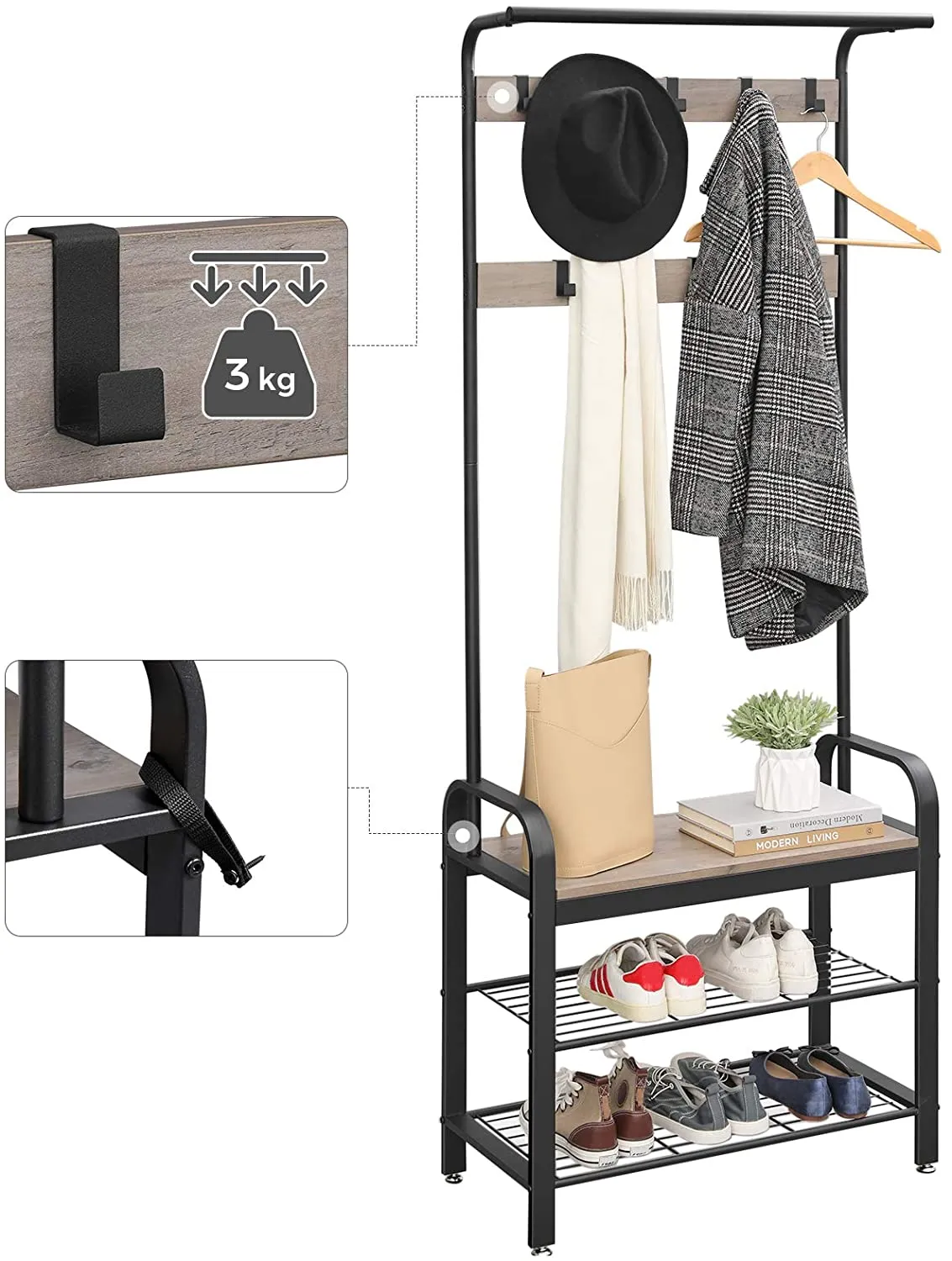 Freestanding Coat Rack Stand, Steel, Greige & Black, with Removable Hooks, Bench & Shoe Rack, Height 183cm