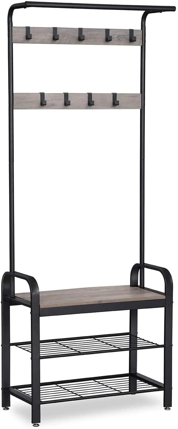Freestanding Coat Rack Stand, Steel, Greige & Black, with Removable Hooks, Bench & Shoe Rack, Height 183cm