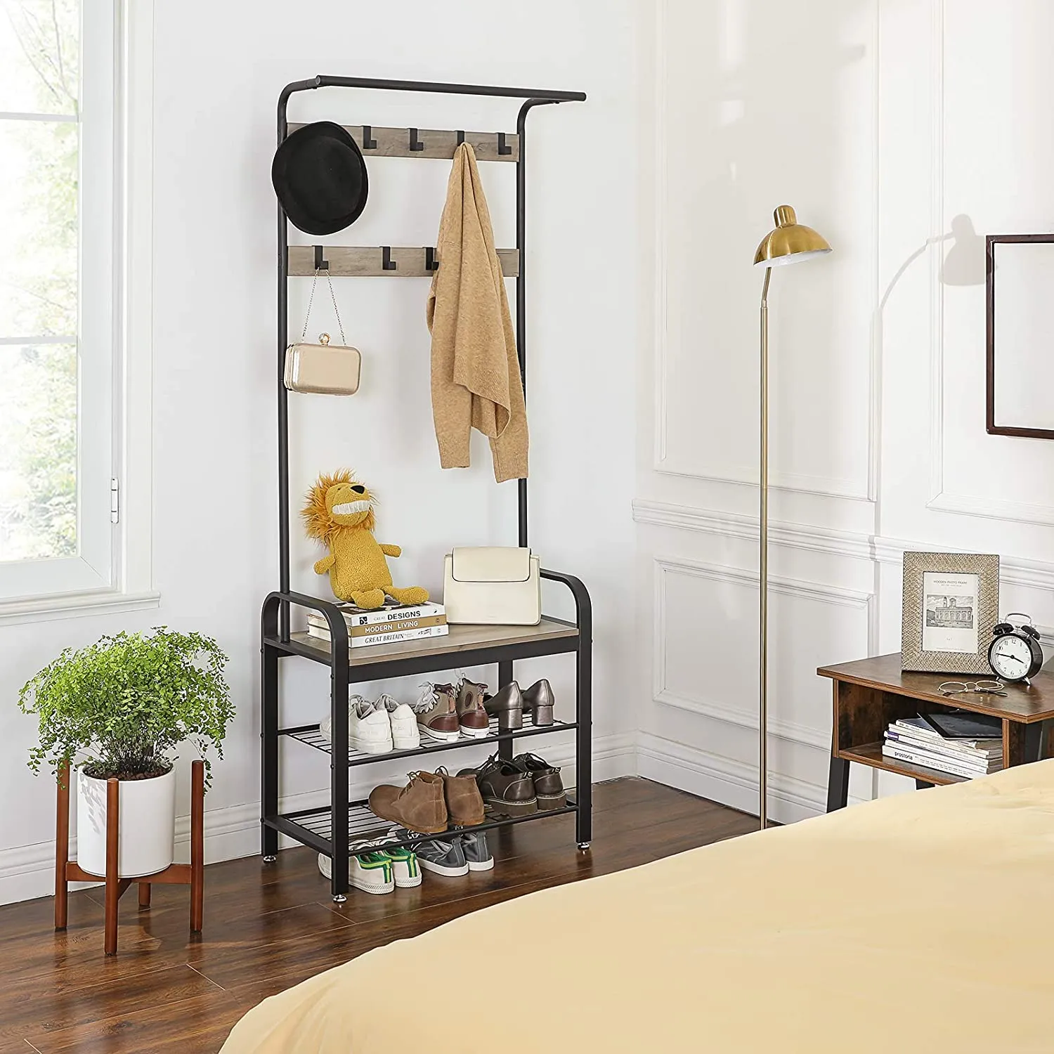 Freestanding Coat Rack Stand, Steel, Greige & Black, with Removable Hooks, Bench & Shoe Rack, Height 183cm