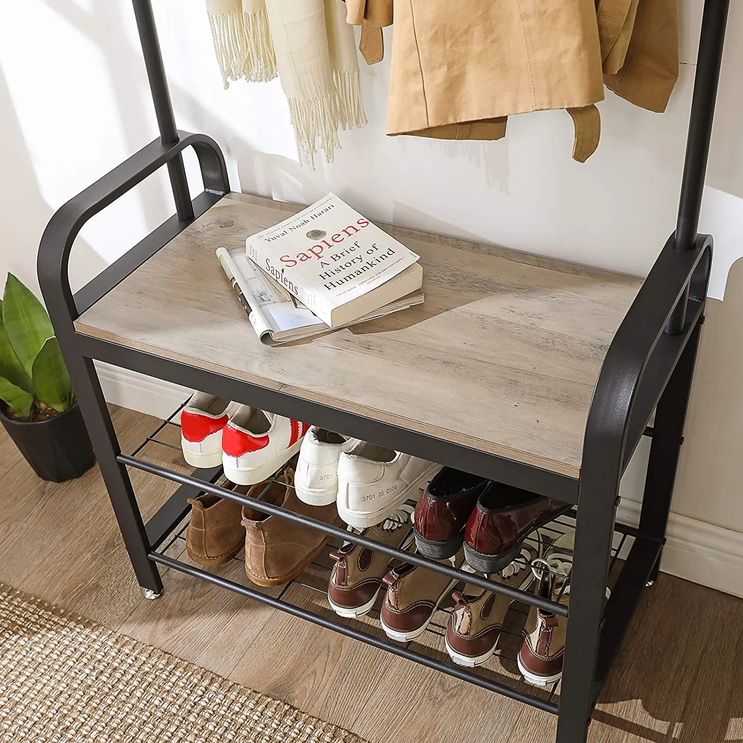 Freestanding Coat Rack Stand, Steel, Greige & Black, with Removable Hooks, Bench & Shoe Rack, Height 183cm
