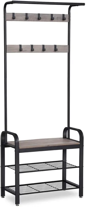 Freestanding Coat Rack Stand, Steel, Greige & Black, with Removable Hooks, Bench & Shoe Rack, Height 183cm