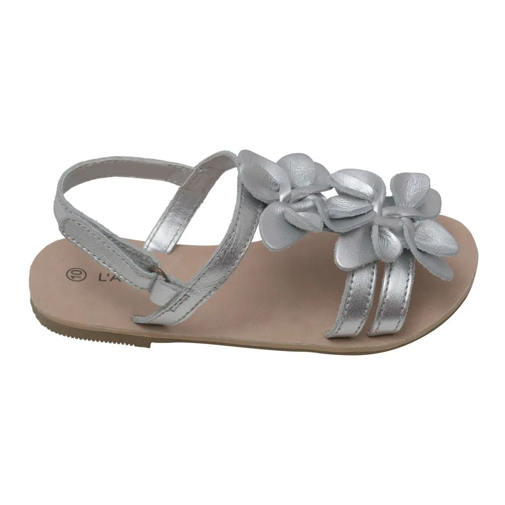 Girls Silver Flower Blossom Accent Strap Sandals 7-10 Toddler