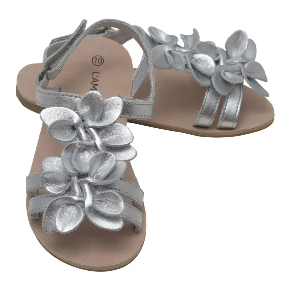 Girls Silver Flower Blossom Accent Strap Sandals 7-10 Toddler
