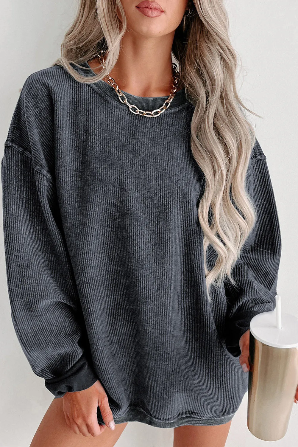 Grey Solid Ribbed Knit Round Neck Pullover Sweatshirt