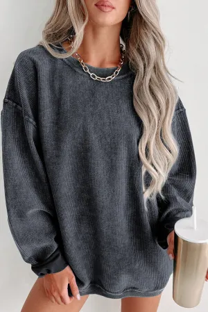 Grey Solid Ribbed Knit Round Neck Pullover Sweatshirt