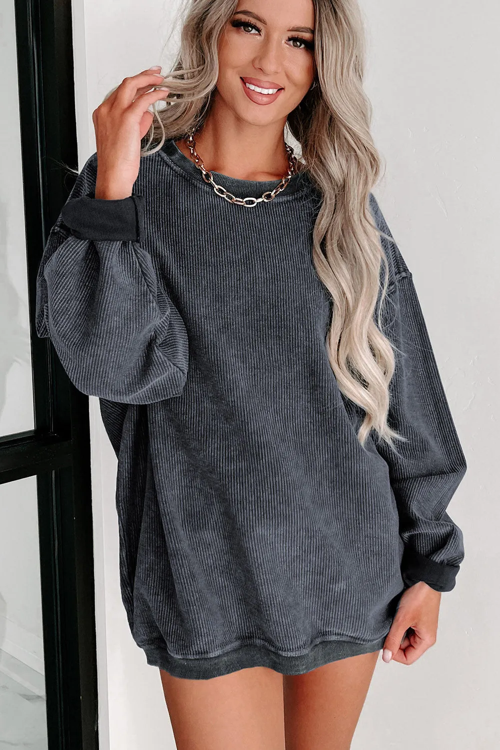 Grey Solid Ribbed Knit Round Neck Pullover Sweatshirt