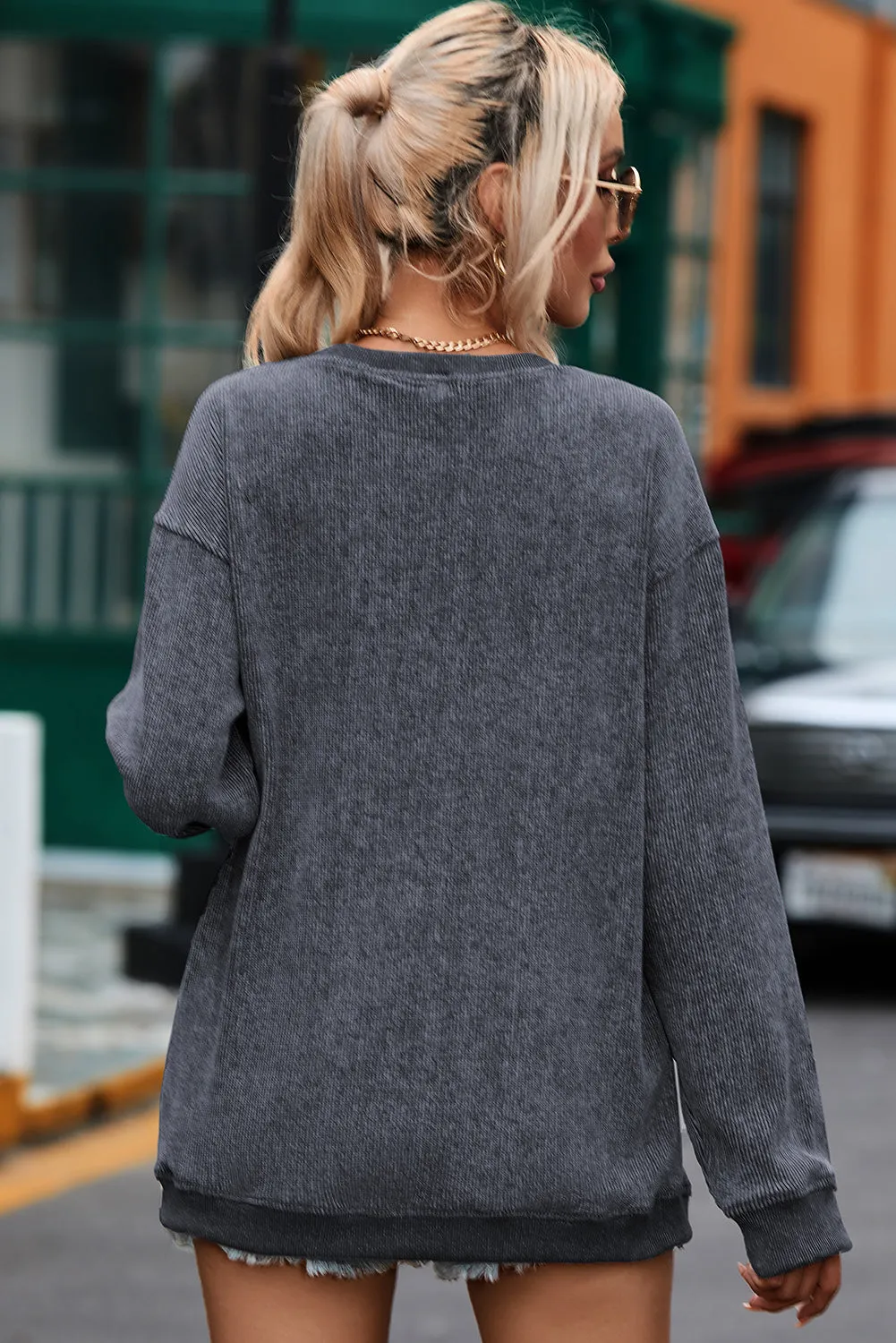 Grey Solid Ribbed Knit Round Neck Pullover Sweatshirt