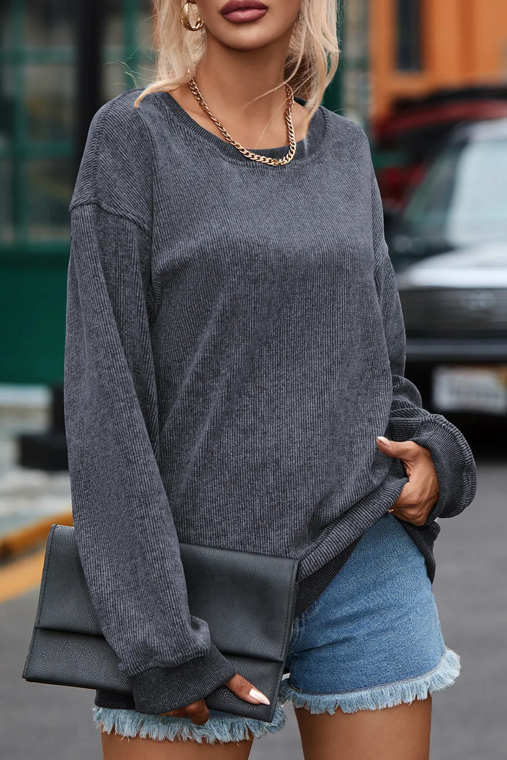 Grey Solid Ribbed Knit Round Neck Pullover Sweatshirt