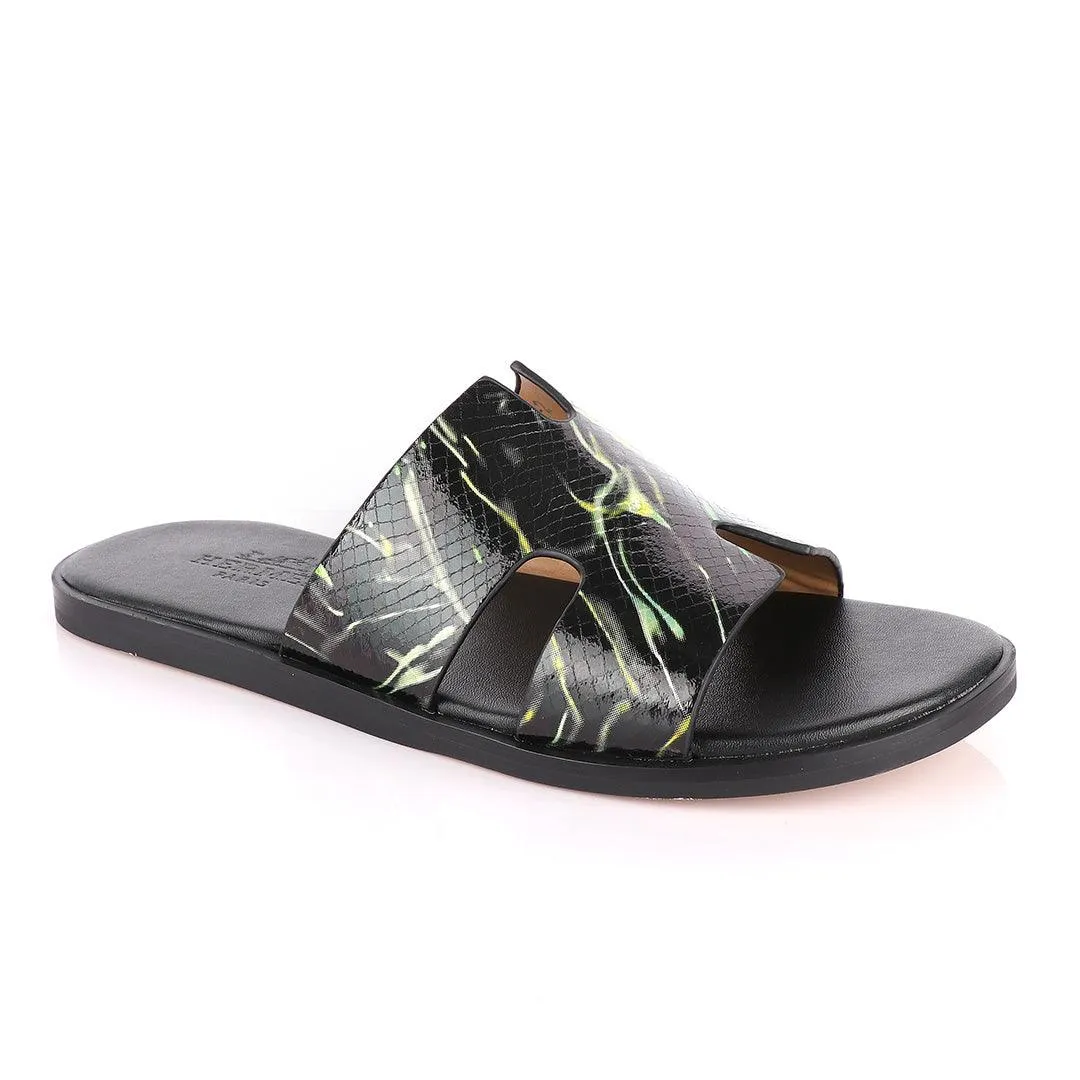 Hermes Paris Black With Green and Yellow Shining Leather Slippers