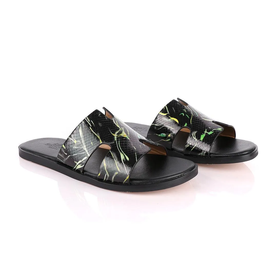 Hermes Paris Black With Green and Yellow Shining Leather Slippers