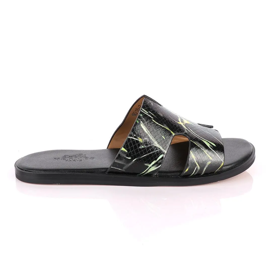 Hermes Paris Black With Green and Yellow Shining Leather Slippers