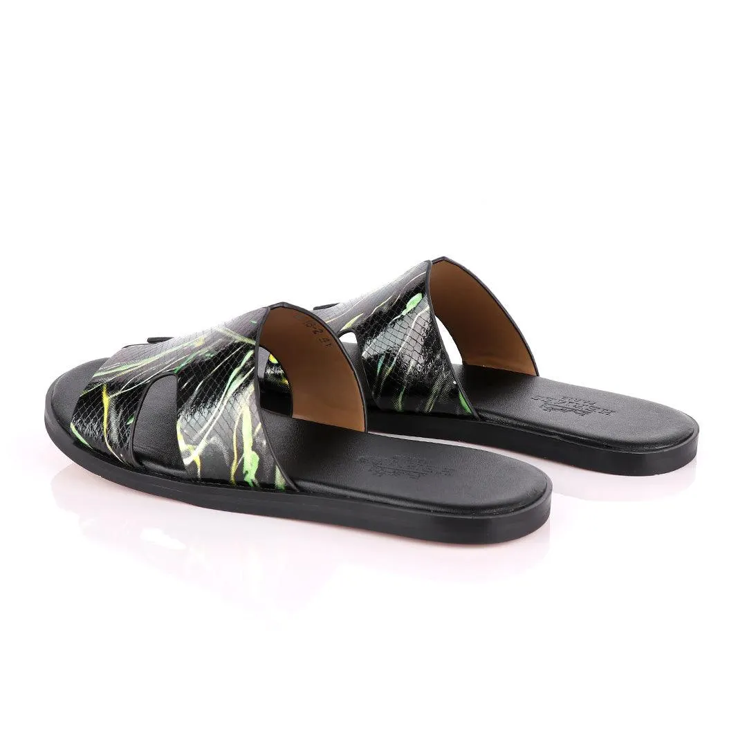 Hermes Paris Black With Green and Yellow Shining Leather Slippers
