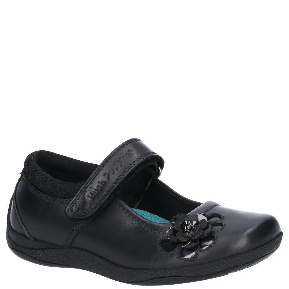 Hush Puppies Jessica Black Leather Girls Custom Fit Velcro School Shoes