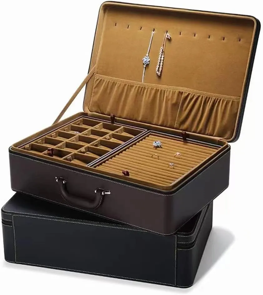 Jewelry Box Carriable Large Commercial Organizer Faux-Leather Accessory Case Storage with Trays Gift for Women Girls(XL6-BK)
