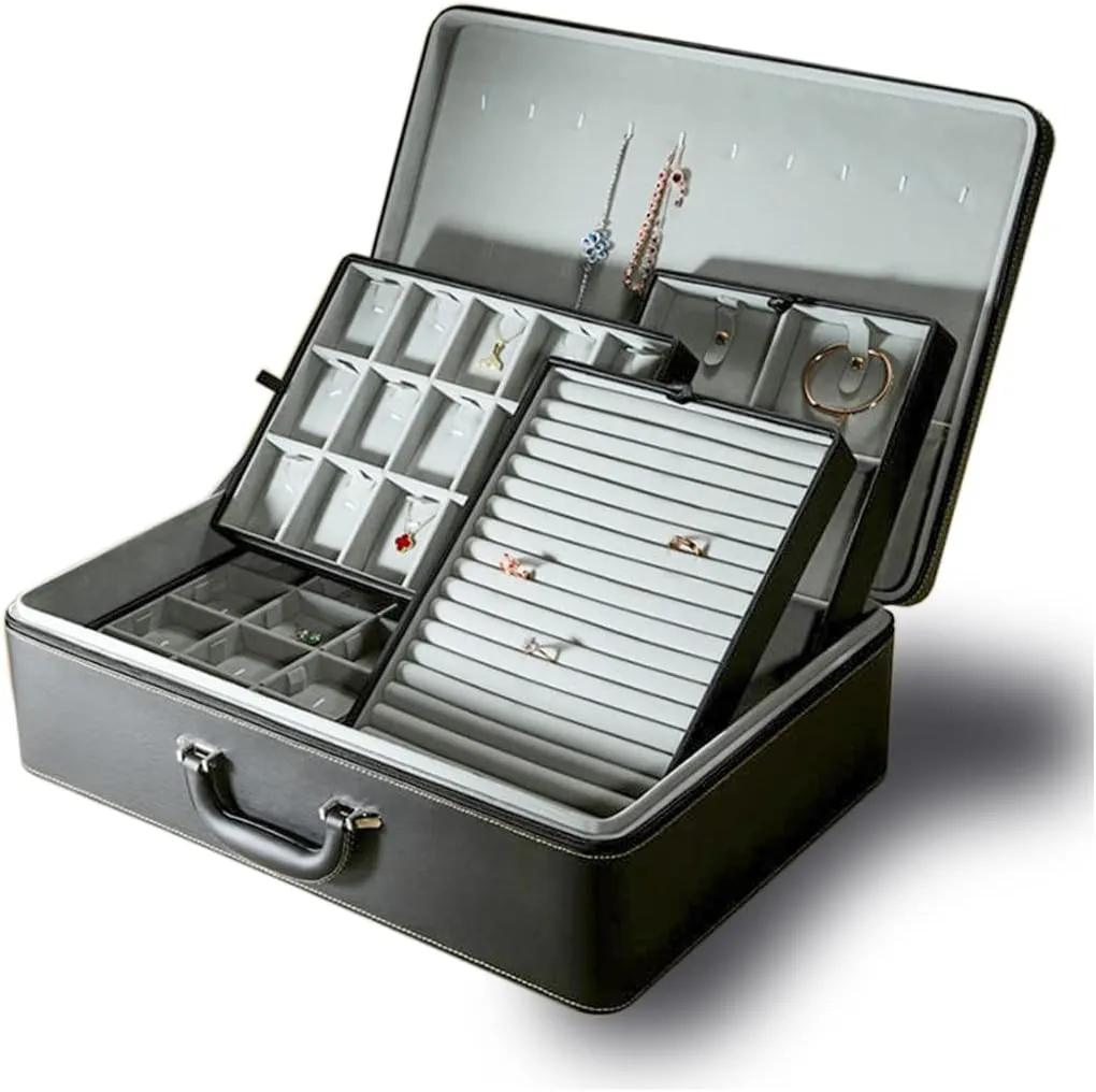 Jewelry Box Carriable Large Commercial Organizer Faux-Leather Accessory Case Storage with Trays Gift for Women Girls(XL6-BK)