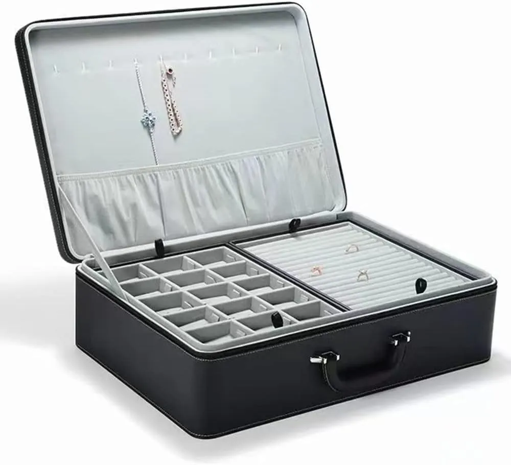 Jewelry Box Carriable Large Commercial Organizer Faux-Leather Accessory Case Storage with Trays Gift for Women Girls(XL6-BK)