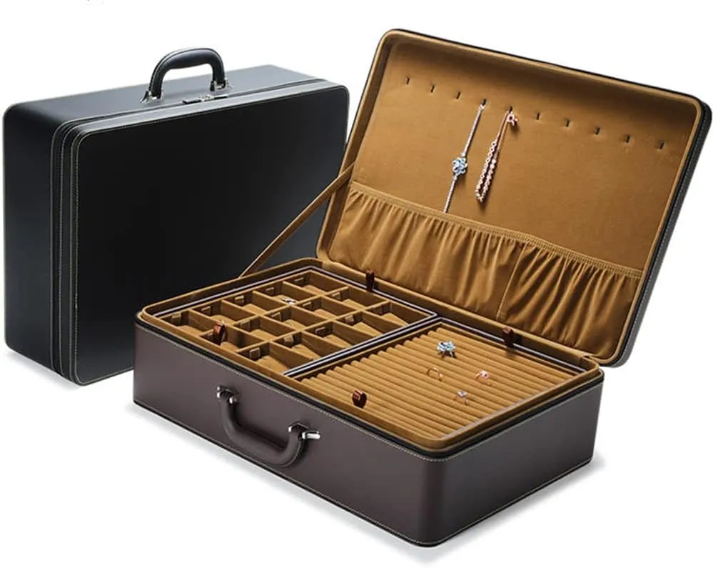 Jewelry Box Carriable Large Commercial Organizer Faux-Leather Accessory Case Storage with Trays Gift for Women Girls(XL6-BK)