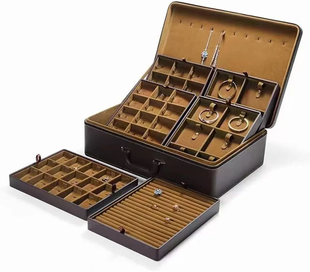 Jewelry Box Carriable Large Commercial Organizer Faux-Leather Accessory Case Storage with Trays Gift for Women Girls(XL6-BK)