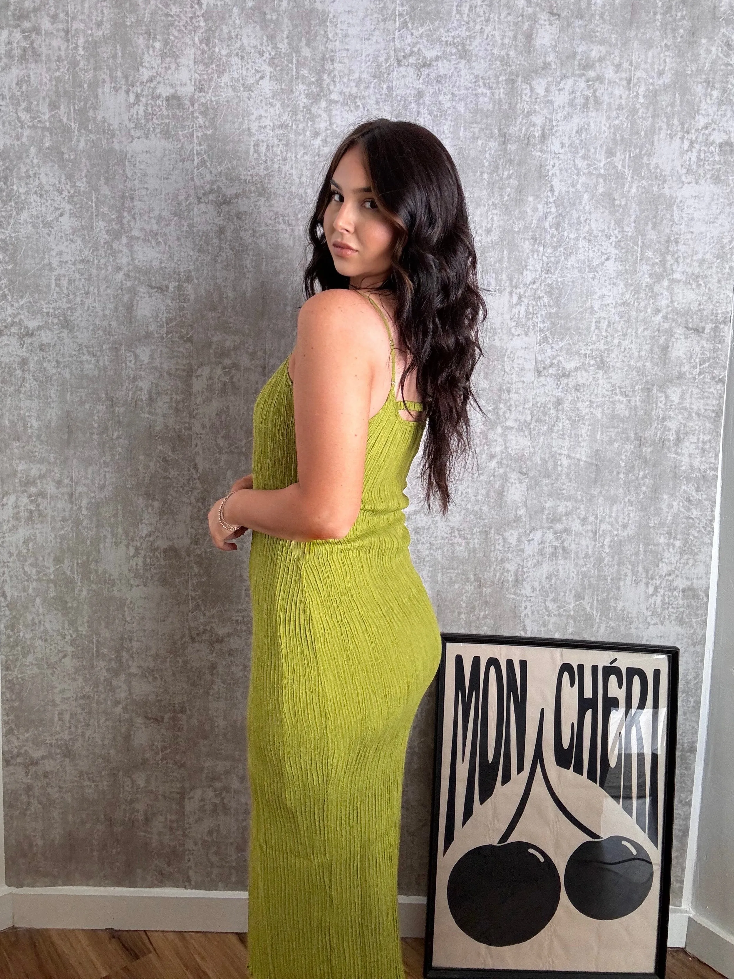 Laurie Crinkle Midi Dress Lime