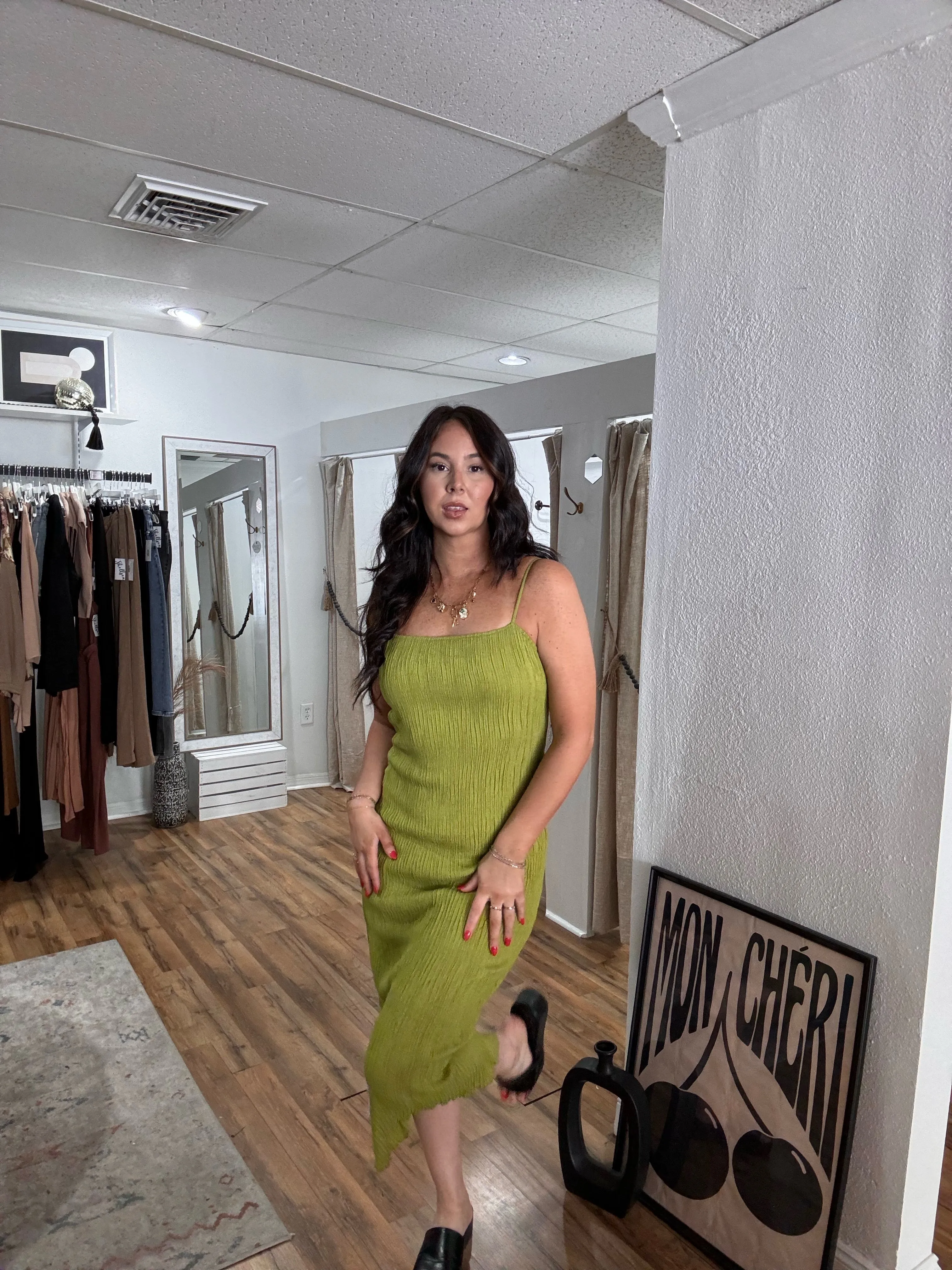 Laurie Crinkle Midi Dress Lime