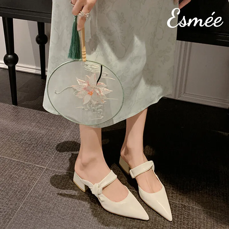 Leather High Heel Mules with Bow Knot Straps