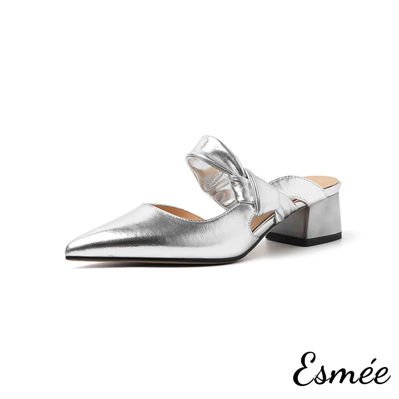 Leather High Heel Mules with Bow Knot Straps