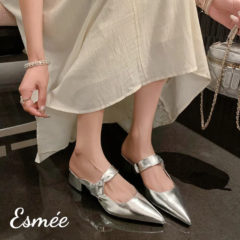Leather High Heel Mules with Bow Knot Straps