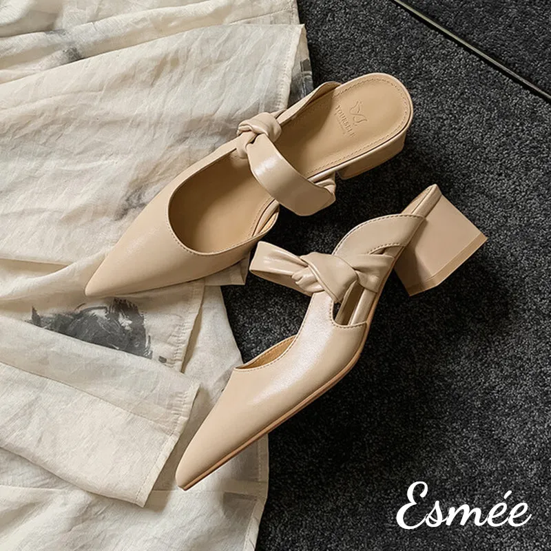 Leather High Heel Mules with Bow Knot Straps