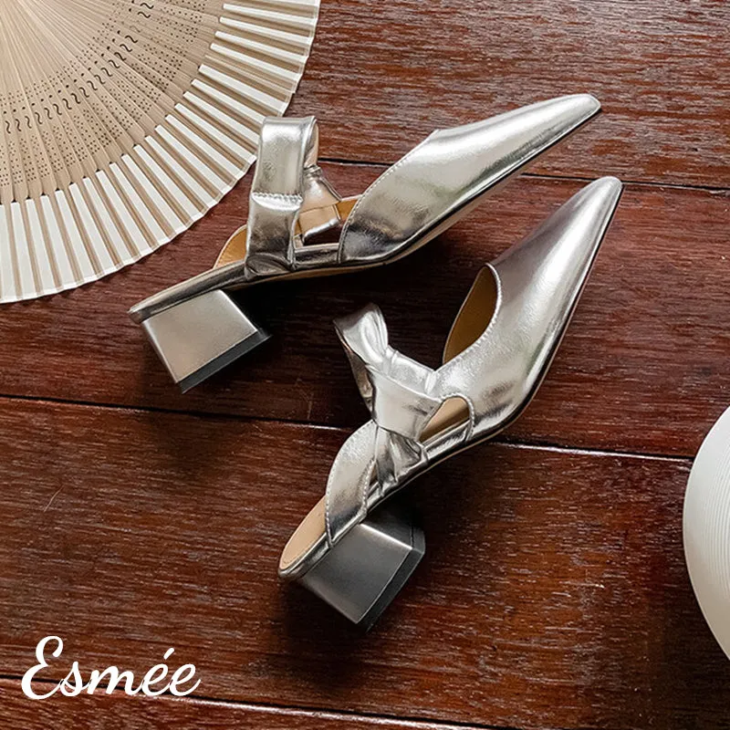 Leather High Heel Mules with Bow Knot Straps