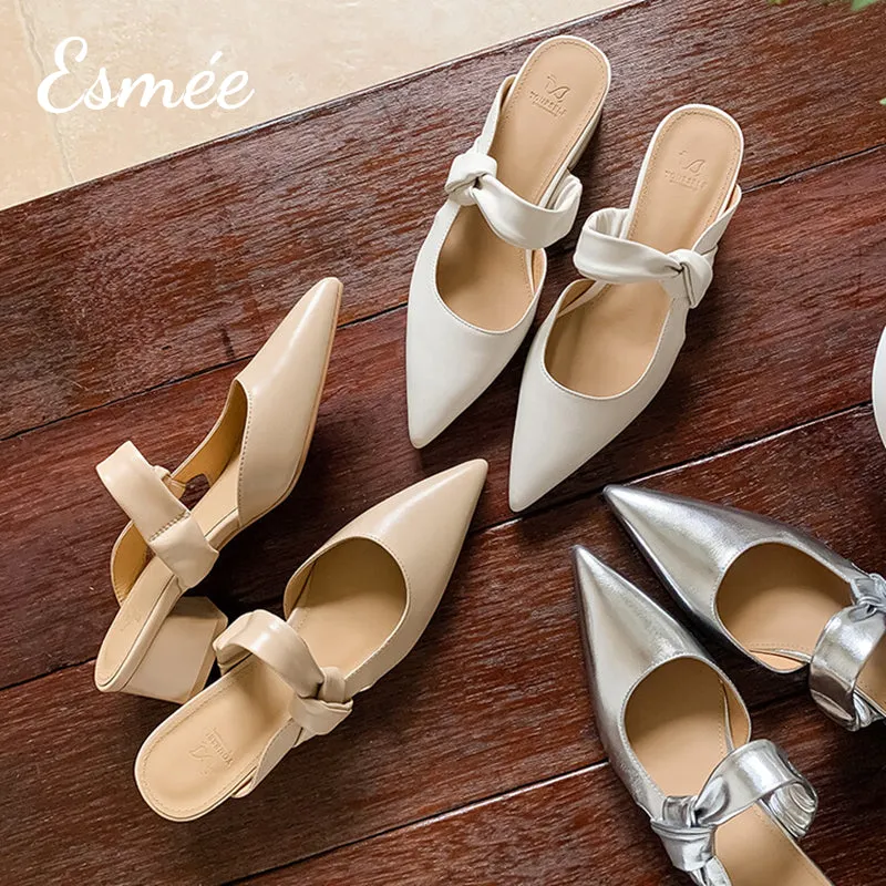Leather High Heel Mules with Bow Knot Straps