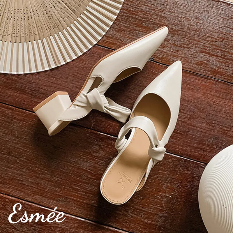 Leather High Heel Mules with Bow Knot Straps